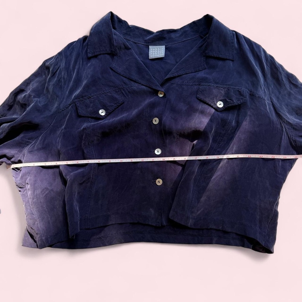Vintage 90s Rabbit Rabbit Rabbit Navy Cropped Rayon Utility Shirt - Picture 6 of 8